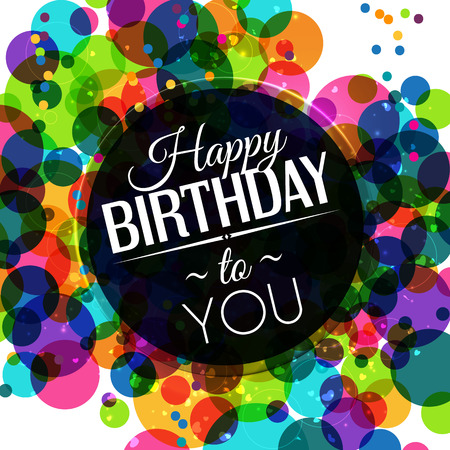 Birthday card in bright colors on polka dots background.