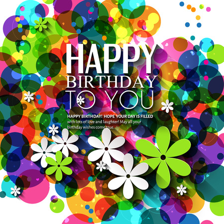 Birthday card in bright colors on polka dots background.