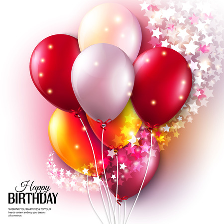Birthday card with colorful balloons and stars. Vector Illustration