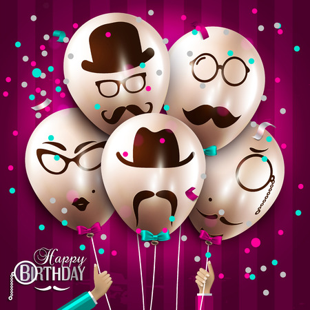Vector birthday card. Balloons with silhouettes on hipster style. Mustaches.