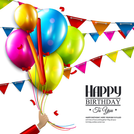 Vector birthday card with balloons, bunting flags and confetti Vector Illustration