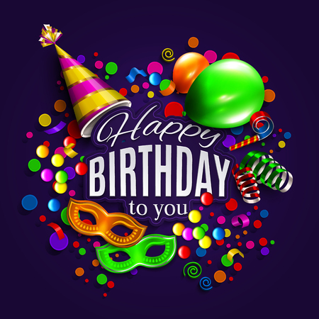 Vector birthday card with colorful balloons, curling ribbons, carnival mask, hat and confetti.