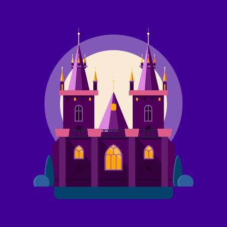 ベクトルのイラスト 線形フラット スタイルで夜の中世の城の カラフルな宮殿の塔 ステンド グラスの窓 列と夜空と月の背景に庭の作付けはゴシック の イラスト素材 ベクタ Image