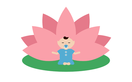 Bebe Fait Du Yoga Et Assis Dans La Position Du Lotus Aux Petales Roses De Fleur De Lotus Derriere Isole Sur Fond Blanc Illustration Plat Clip Art Libres De Droits Vecteurs