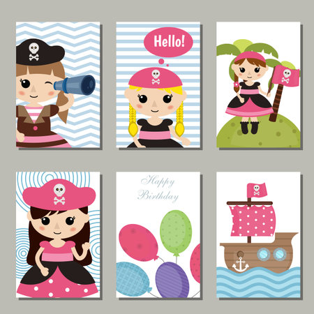 Ensemble De Belles Cartes D Invitation D Anniversaire Decore De Fille Mignonne Pirate Un Des Objets De Pirates Clip Art Libres De Droits Vecteurs Et Illustration Image