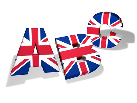 English language school and education concept with the letters Abc and the colors of The United Kingdom flag on white background Stock Photo
