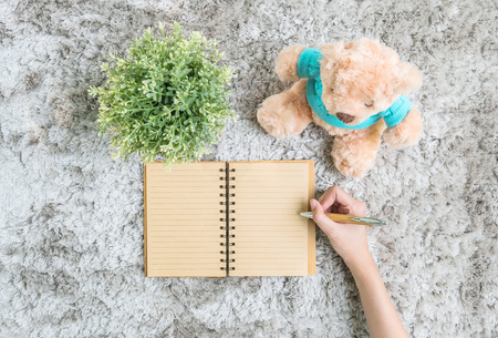 クローズ アップかわいい茶色のクマ人形人工芝床とクリーム壁紙壁テクスチャ コピー領域と背景 の写真素材 画像素材 Image