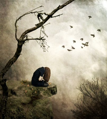 Sad girl sitting on a cliff one digital art emotional