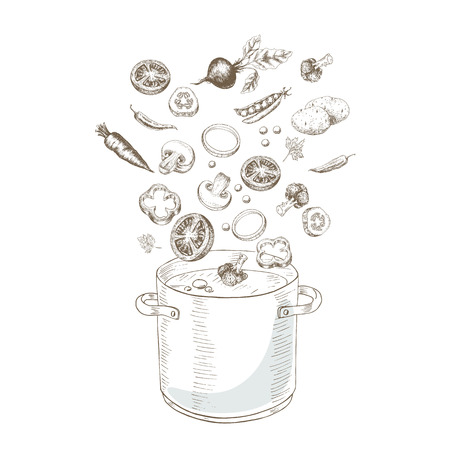 野菜スープ 野菜スープをスケッチします 鍋に野菜スープを手書き ベクトル野菜スープのイラスト Organik 野菜をカットします ベジタリアンやビーガンの食品 の写真素材 画像素材 Image