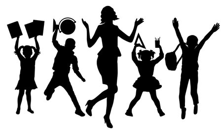 Silhouettes of happy teacher and school children of first graders with books, globe, copybooks, ruler, pens and pensils. back to school. vector illustration.