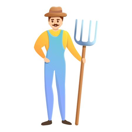 Happy farmer with fork icon. cartoon of happy farmer with fork vector icon for web design isolated on white background