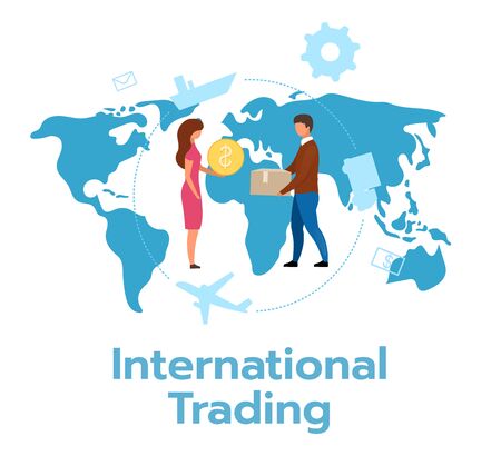 International trading flat vector illustration economic transaction between countries exchange of goods services global trade export import business model isolated cartoon character on white Stock Photo