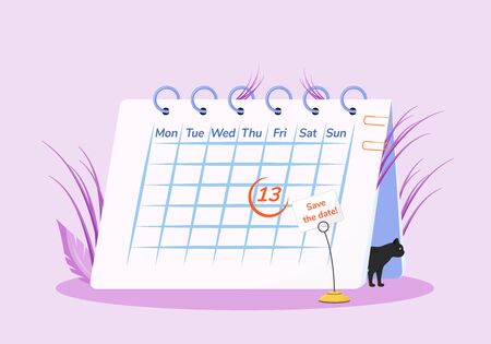 Friday 13th flat concept vector illustration. calendar and black cat 2d cartoon composition for web design. common superstition, unlucky day creative idea. sinister calendar date, bad omen