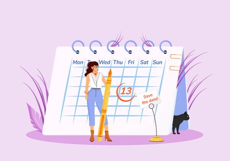 Friday thirteenth flat concept vector illustration. young superstitious woman with calendar and black cat 2d cartoon characters for web design. common superstition, unfortunate date creative idea