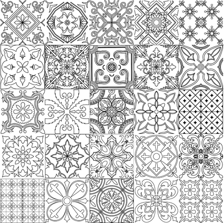 big set of tiles background in black and white for coloring