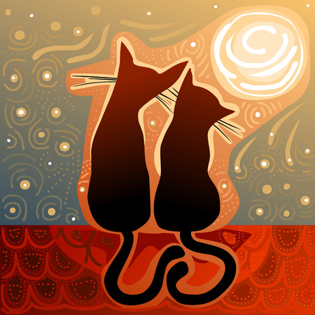 affectionate cats in love on a roof in the moonlight surrounded by stary sky