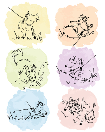 手描きかわいい幸せな犬ベクトル スケッチ水彩背景に 六つのセットです イラスト印刷ポスター袋静止ロゴ のイラスト素材 ベクタ Image