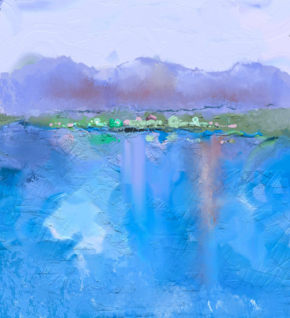 Abstract colorful oil painting landscape on canvas. Semi- abstract image of hill and blue river with sky. Spring season nature background