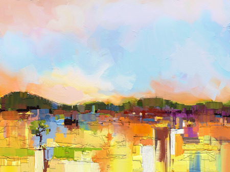 Abstract colorful oil painting landscape on canvas. Semi- abstract image of hill and field in yellow and green with blue sky. Spring season nature background