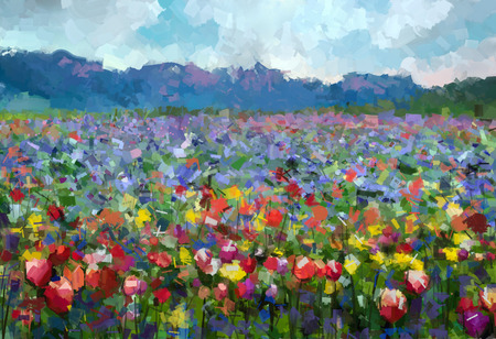 Oil painting Colorful spring summer rural landscape. Abstract Tulips flowers blossom in the meadow with hill and blue sky color background. Фото со стока