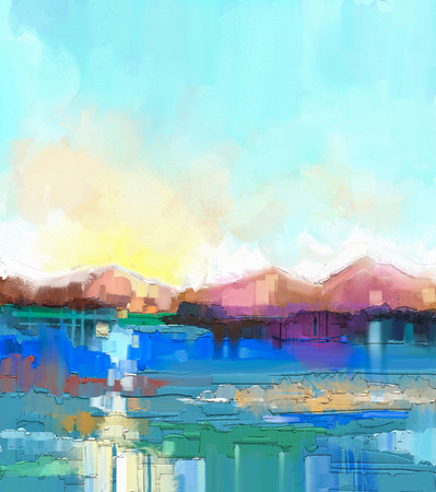 Abstract colorful oil painting landscape on canvas. Semi- abstract image of hill and field in yellow and green with blue sky. Spring season nature background
