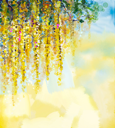 Abstract flowers watercolor painting. Spring yellow flowers Wisteria with soft yellow and blue color background. Blank space for your design Фото со стока