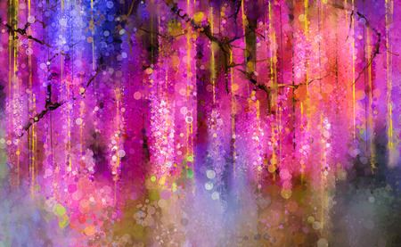 Abstract violet, red and yellow color flowers. Watercolor painting. Spring purple flowers Wisteria tree in blossom with bokeh background