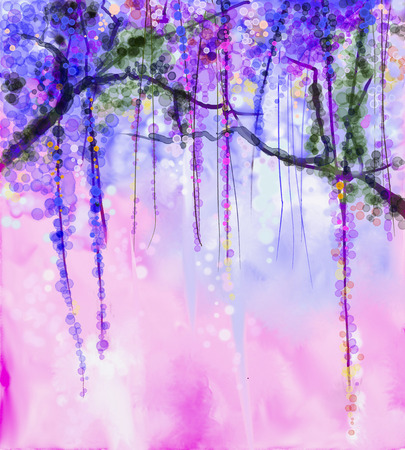 Abstract flowers watercolor painting. Spring purple flowers Wisteria with bokeh background Фото со стока