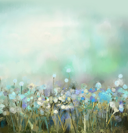 Oil paintings wildflowers in field. Spring floral seasonal nature, meadows flowers with green blue in background