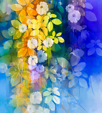 Abstract flowers watercolor painting. Hand paint White flower with soft green leaves on blue and green color background. Spring flower seasonal nature background Фото со стока