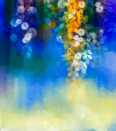 Abstract flowers watercolor painting.Hand paint White flower with soft green leaves on blue and green color background. Spring flower seasonal nature background with space for your design Фото со стока