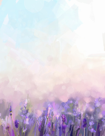 Oil painting lavender flowers in the meadows. Abstract oil painting sunshine at flower field in soft purple color and blur style with bokeh background. Фото со стока