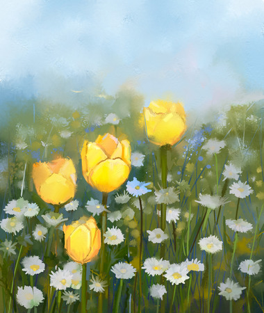 Oil painting field of yellow tulip and white daisy flowers .Hand Painted floral in soft color and blurred style .Spring floral seasonal nature green color background