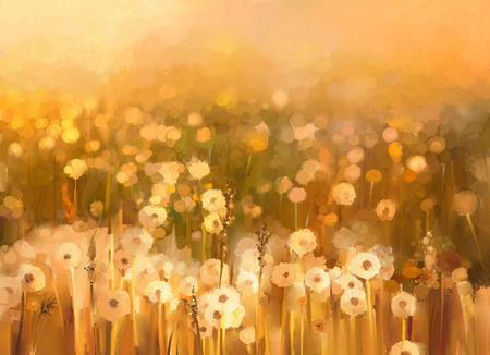 Vintage dandelion flowers in the meadows. Abstract oil painting sunset at flower field in soft golden brown color and blur style with bokeh background.
