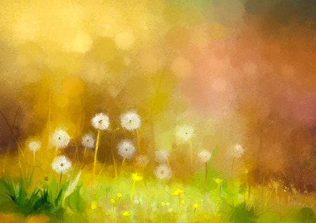 Oil painting nature grass flowers. Hand paint close up dandelions, pastel floral and shallow depth of field. Blurred nature background.Spring flowers background with bokeh