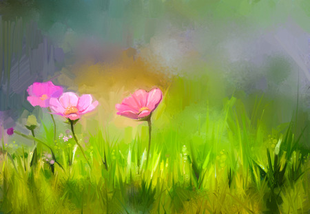 Oil painting nature grass flowers. Hand paint close up pink cosmos flower, pastel floral and shallow depth of field. Blurred nature background. Spring flowers nature background