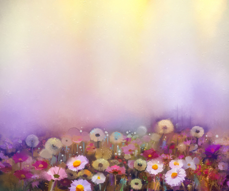 Oil painting flowers dandelion, poppy, daisy, cornflower in fields. Hand Paint Wildflowers field in summer meadow. Spring floral seasonal nature with yellow and violet in soft color background