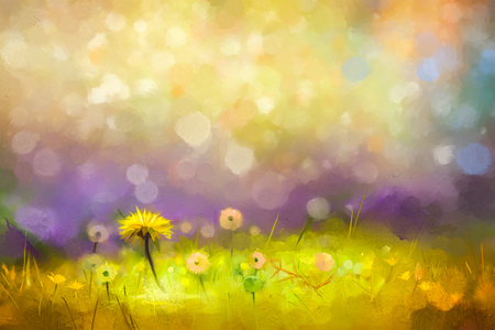 Oil painting nature grass flowers. Hand paint close up yellow dandelions, pastel floral and shallow depth of field. Blurred nature background.Spring flowers background with bokeh Фото со стока