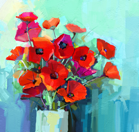 赤とピンク色の花の静物画の油絵。ポピーの花の花瓶のカラフルな