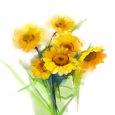 Sun flower: Ölgemälde Stillleben gelbe Sonnenblumen mit grünem Blatt auf weißem Hintergrund. Handgemalte Blumen in den weichen und Unschärfe-Stil. Sommer - Frühling Blumen Natur Hintergrund