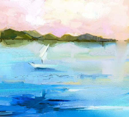 美しい油彩画 湖とボートの風景 元漁船とキャンバス上の海の油絵。海と海岸沿い町の夕日。現代