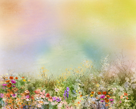 Abstract oil painting flowers plant. Purple cosmos, white daisy, cornflower, wildflower, dandelion flower in fields. Hand painted floral meadow and yellow background. Spring flower nature background. - 61621326