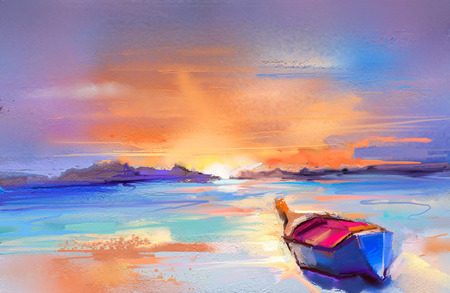 漁船とキャンバス上の海の元抽象画油絵。海に沈む夕日。現代