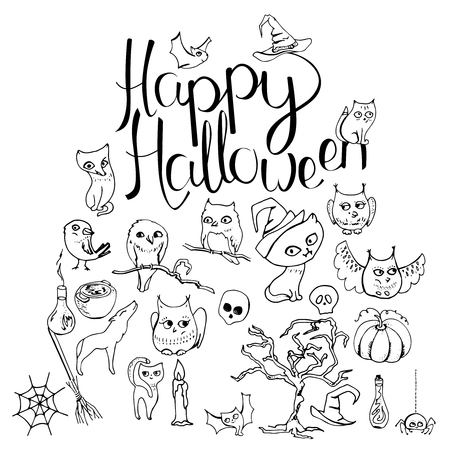 白と黒のハロウィーンのシンボルと書道フレーズ ハッピーハロウィンのイラスト素材 ベクタ Image