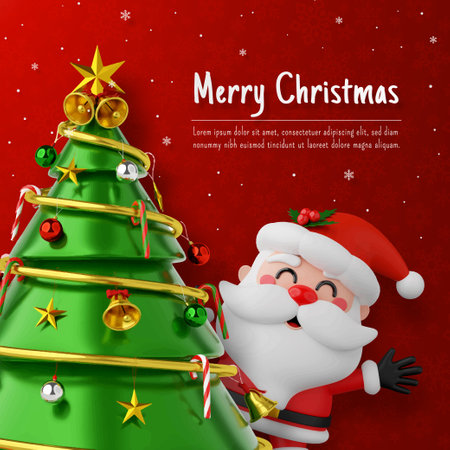 Christmas postcard of santa claus with christmas tree on red background Imagens