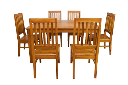 Eettafel En Stoelen Op Witte Achtergrond Wordt Geïsoleerd Houten Die Eettafel En Stoelen Op Witte Achtergrond Wordt