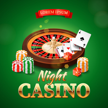 Casino background with roulette wheel chips game cards and dice. Vector illustration