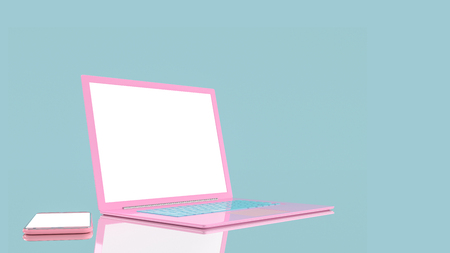 El Color Rosado Del Ordenador Portatil Y El Telefono Elegante Con Pantalla En Blanco Aislados Imitan