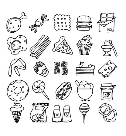Doodle food set de produits de restauration rapide. bonbons dessinés à la main, desserts, collations, pop-corn, cuisine américaine et petit-déjeuner anglais. un grand ensemble d'illustrations de nourriture de dessin animé. Banque d'images