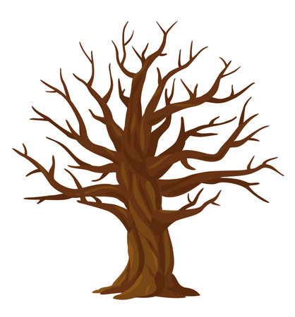 One wide massive old oak tree without leaves isolated illustration, majestic oak without foliage with a rough trunk and big crown, mystical brown tree